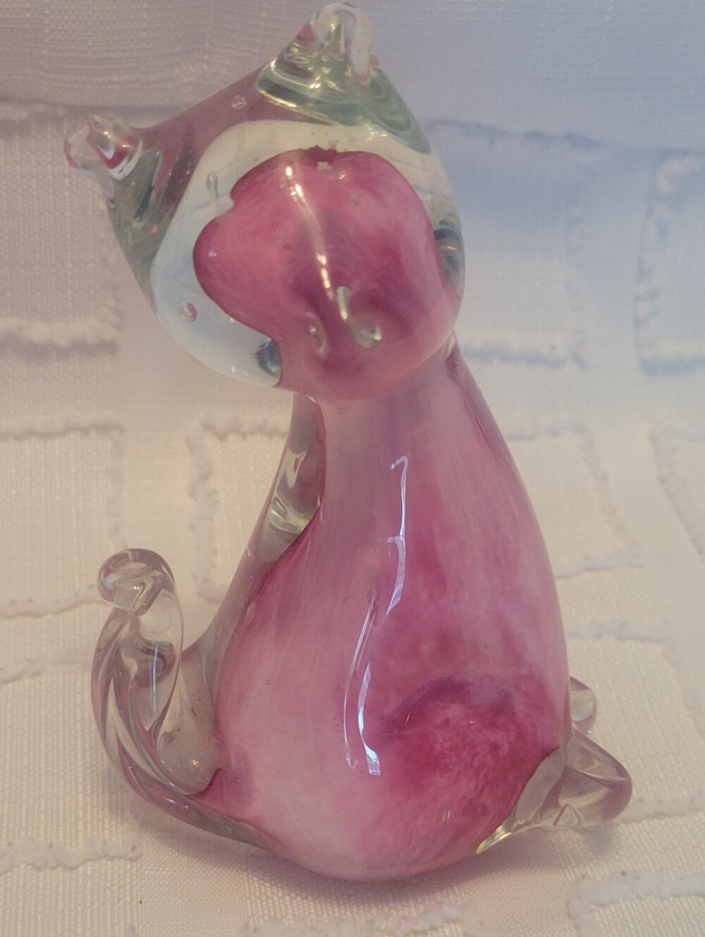 Handblown Pink Art Glass Cat Figurine - Murano-style